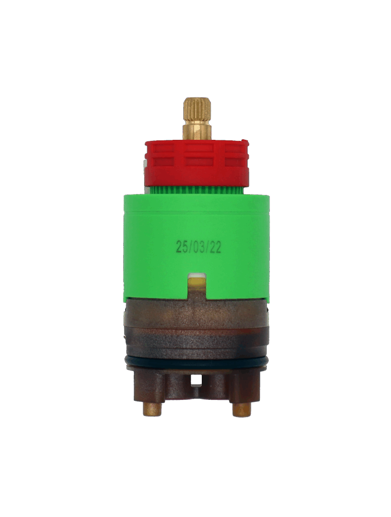 Green plastic cartridge with red limit stop with brass stem black rubber o-ring and red bottom seal.