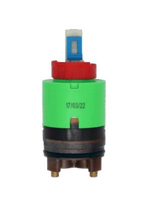 Green plastic cartridge body red limti stop with plastic handle connection with blue tab brown bottom black o-ring and red seal.
