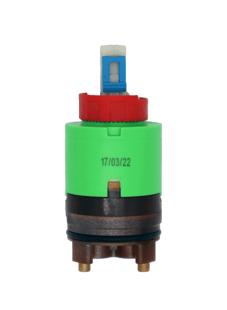 Green plastic cartridge body red limti stop with plastic handle connection with blue tab brown bottom black o-ring and red seal.