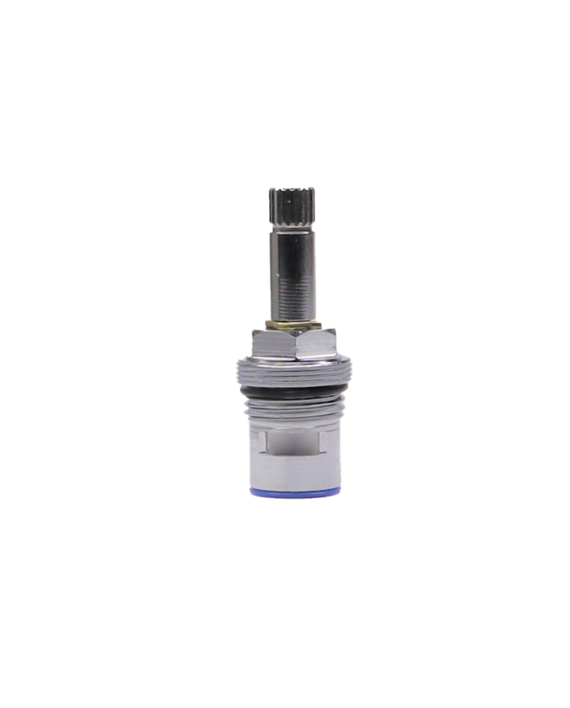 Polished crhome cartridge with black o-ring white ceramic discs and blue bottom washer.