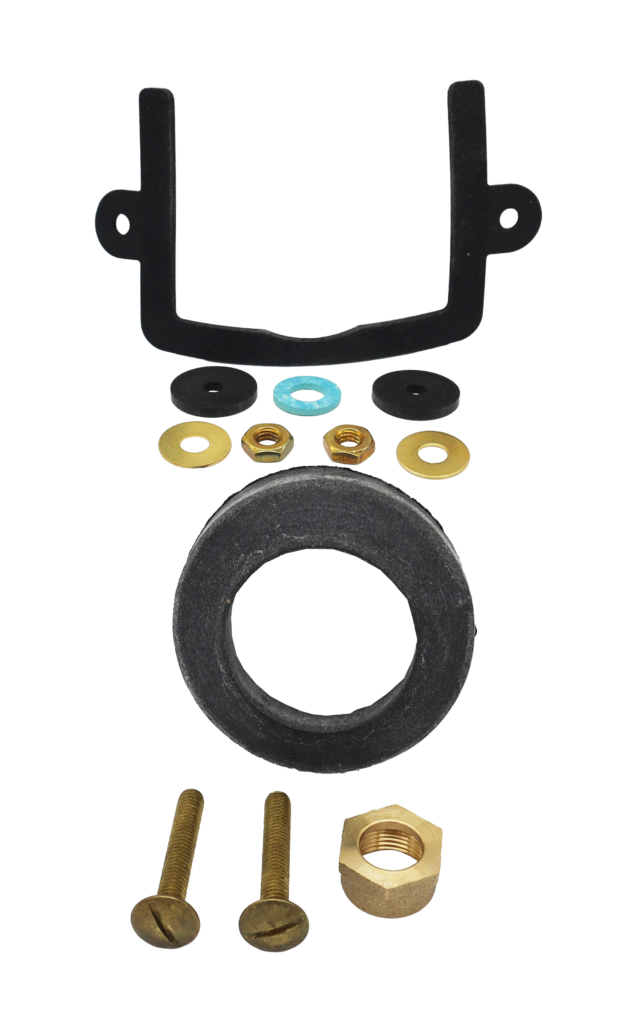 Black rubbe u shaped gasket with foam rubber tank to bowk gasket brass washers screws and nut with blue fiber washer.