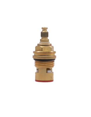 Bright brass cartridge with white ceramic discs, black o-ring and red rubber seal.