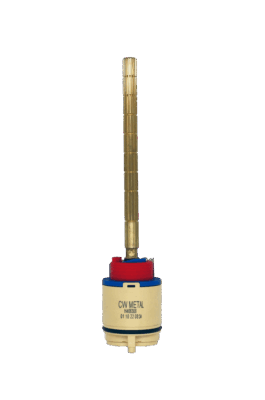 Tan cartridge with blue top and red ring. Long brass stem that can be cut to length.
