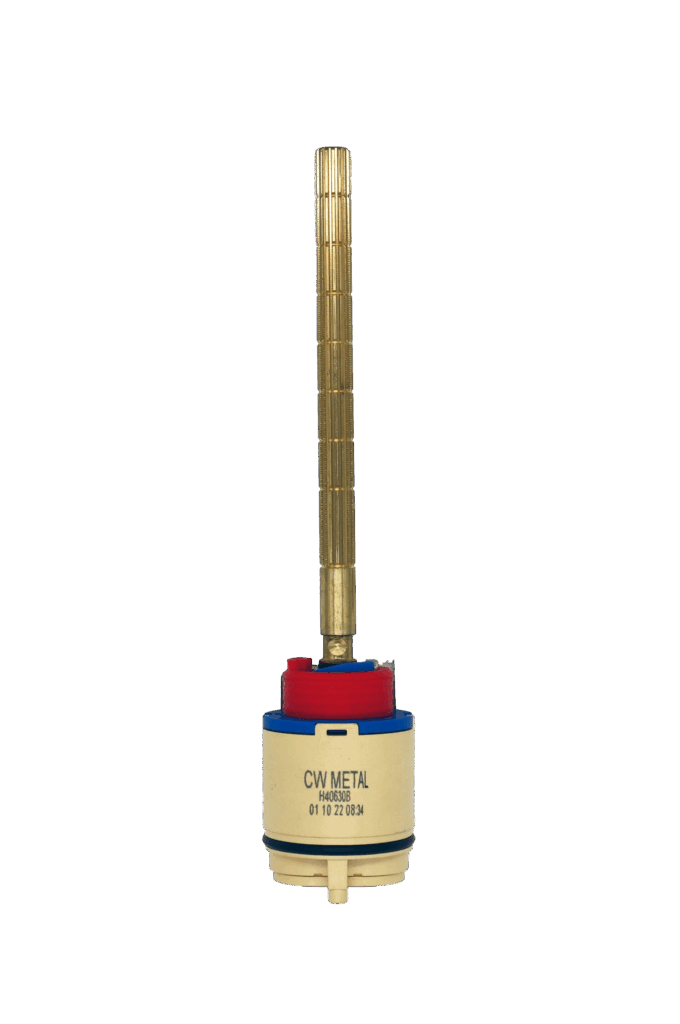 Tan cartridge with blue top and red ring. Long brass stem that can be cut to length.