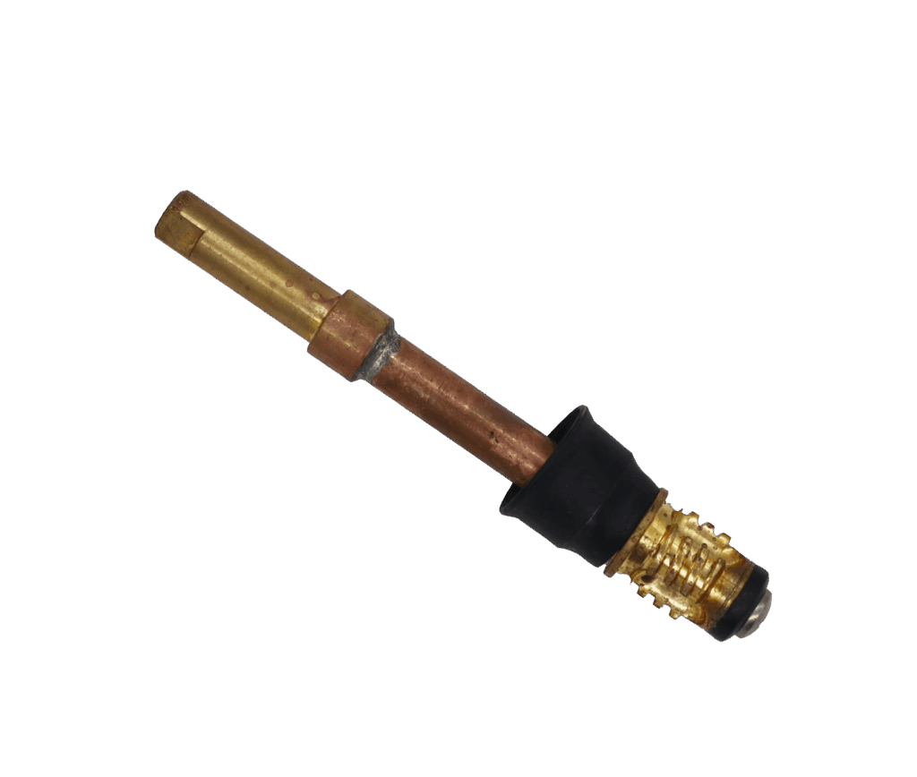 Copper stem with brass threaded end with blakc washer and brass stem black rubber seal.