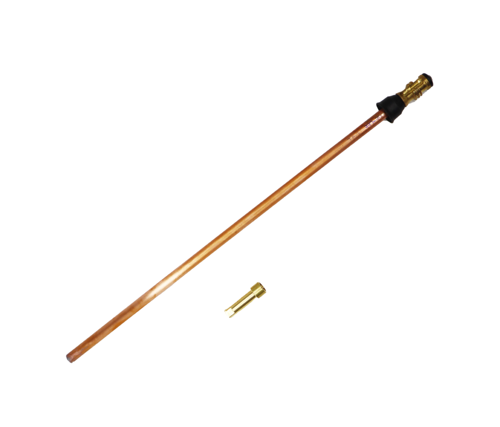 Copper stem with brass threaded end with blakc washer and brass screw black rubber seal.
