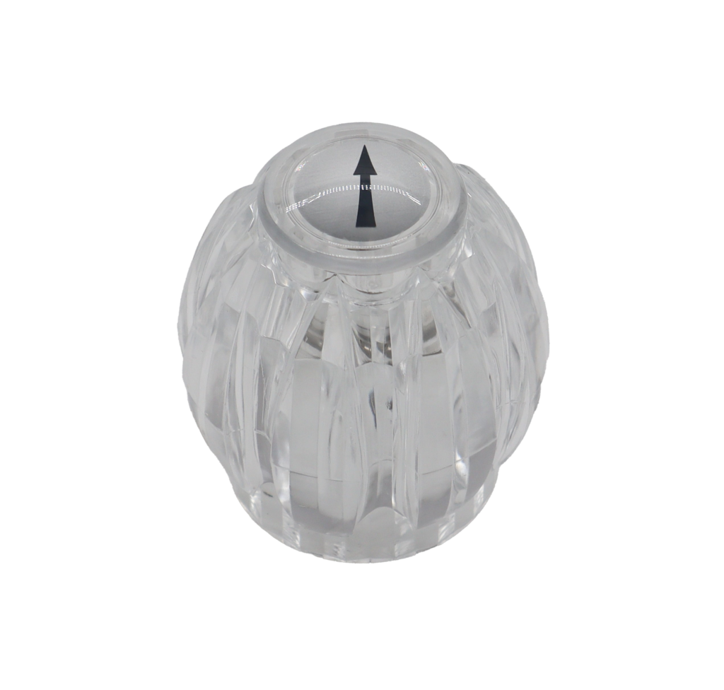 Clear acrylic handle with index button with a black arrow and metal handle screw.