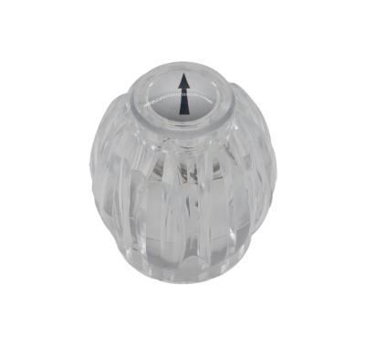 Clear acrylic handle with index button with a black arrow and metal handle screw.
