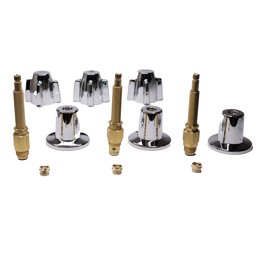 Polished chrome handles and escutcheons with bright brass stems and faucet seats.