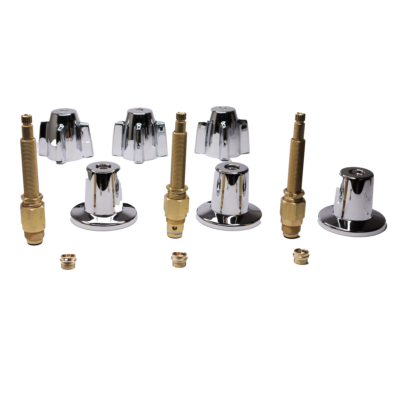 Polished chrome handles and escutcheons with bright brass stems and faucet seats.