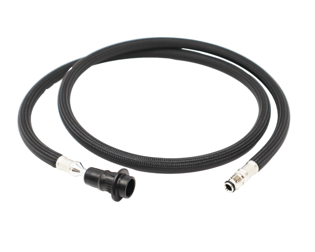 Black braided nylon hose with polished chrome threaded faucet connection and black plastic spray head connection.