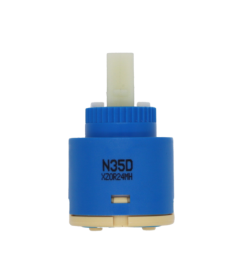 Blue and tan plasti cartridge with white square handle connection and blue rubber seals.