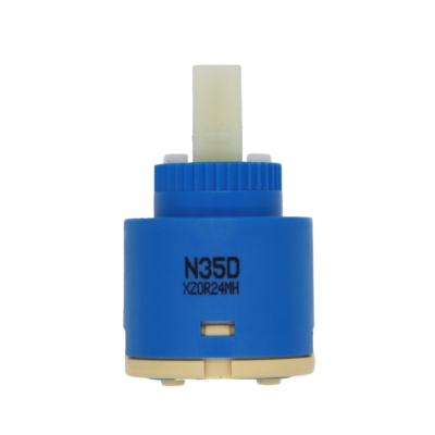 Blue and tan plasti cartridge with white square handle connection and blue rubber seals.