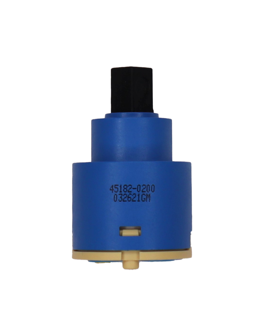 Blue and tan cartridge with black handle adapter with blue rubber seal.