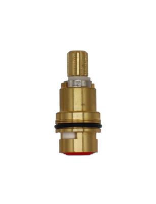 Bright brass cartridge with metal handle stop white ceramic discs black o-ring and red bottom seal.