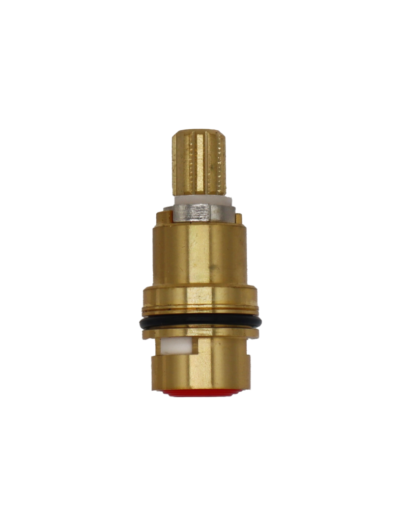 Bright brass cartridge with metal handle stop white ceramic discs black o-ring and red bottom seal.