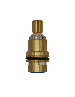 Bright brass cartridge with metal handle stop white ceramic discs black o-ring and blue bottom seal.