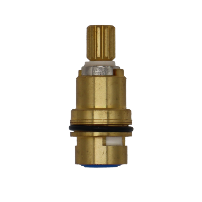 Bright brass cartridge with metal handle stop white ceramic discs black o-ring and blue bottom seal.