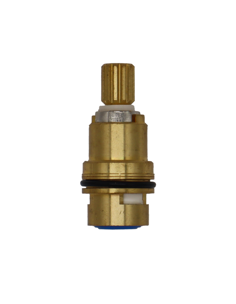 Bright brass cartridge with metal handle stop white ceramic discs black o-ring and blue bottom seal.