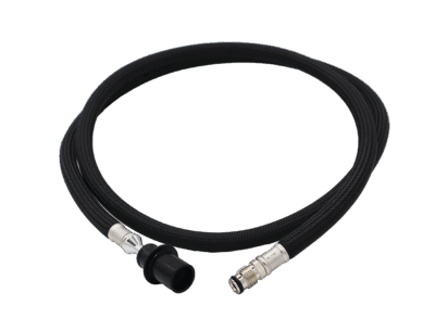 Black braided hose with black plastic handle connection and polished chrome threaded faucet connection.