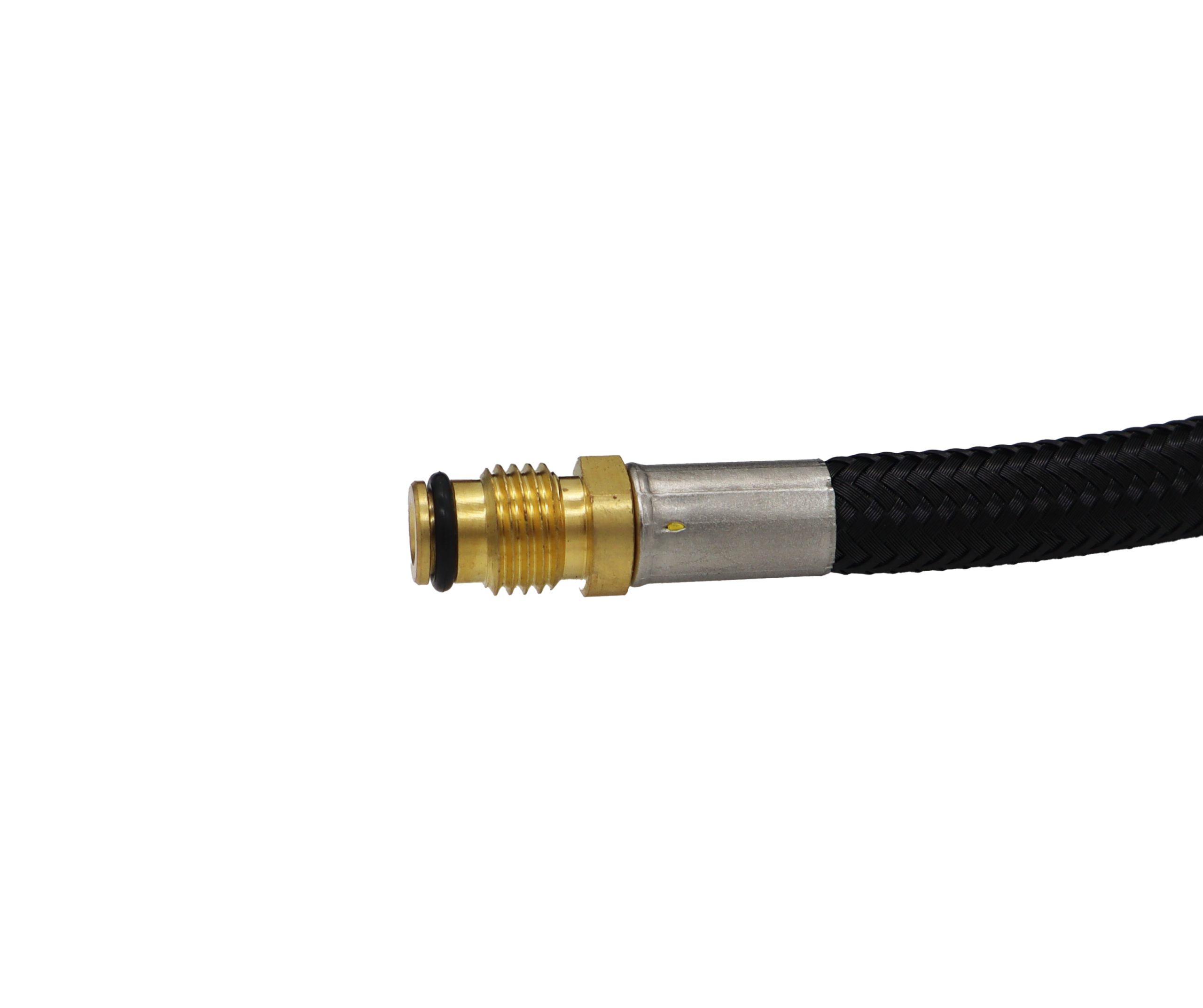 Brass threaded faucet connection of the braided nylon hose.