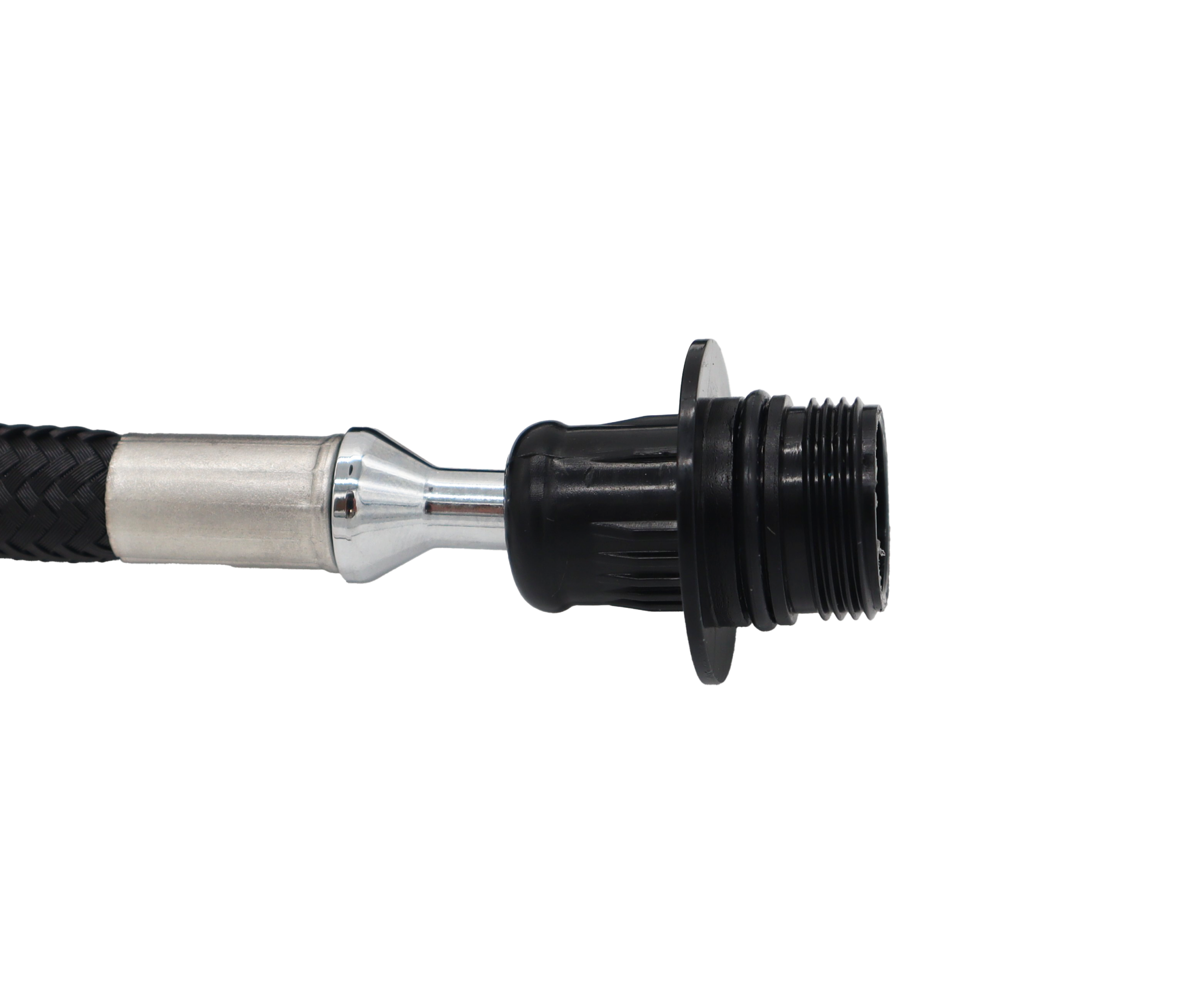 Black plastic threaded spray head connection of the braided nylon hose.