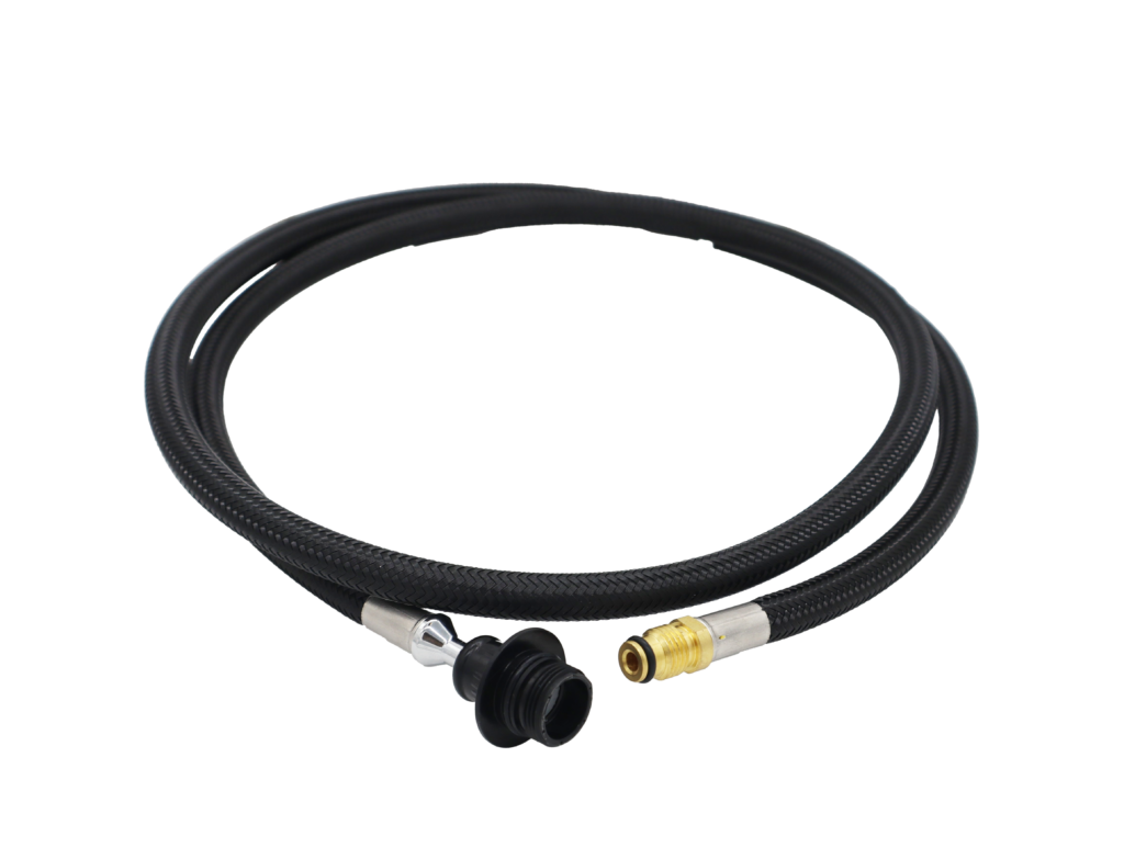 Black braided nylon hose with black plastic spray head connection with a brass threaded faucet connection.