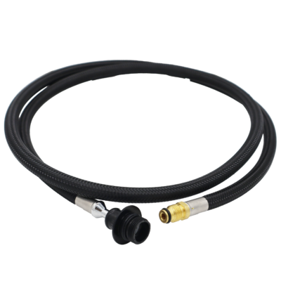 Black braided nylon hose with black plastic spray head connection with a brass threaded faucet connection.