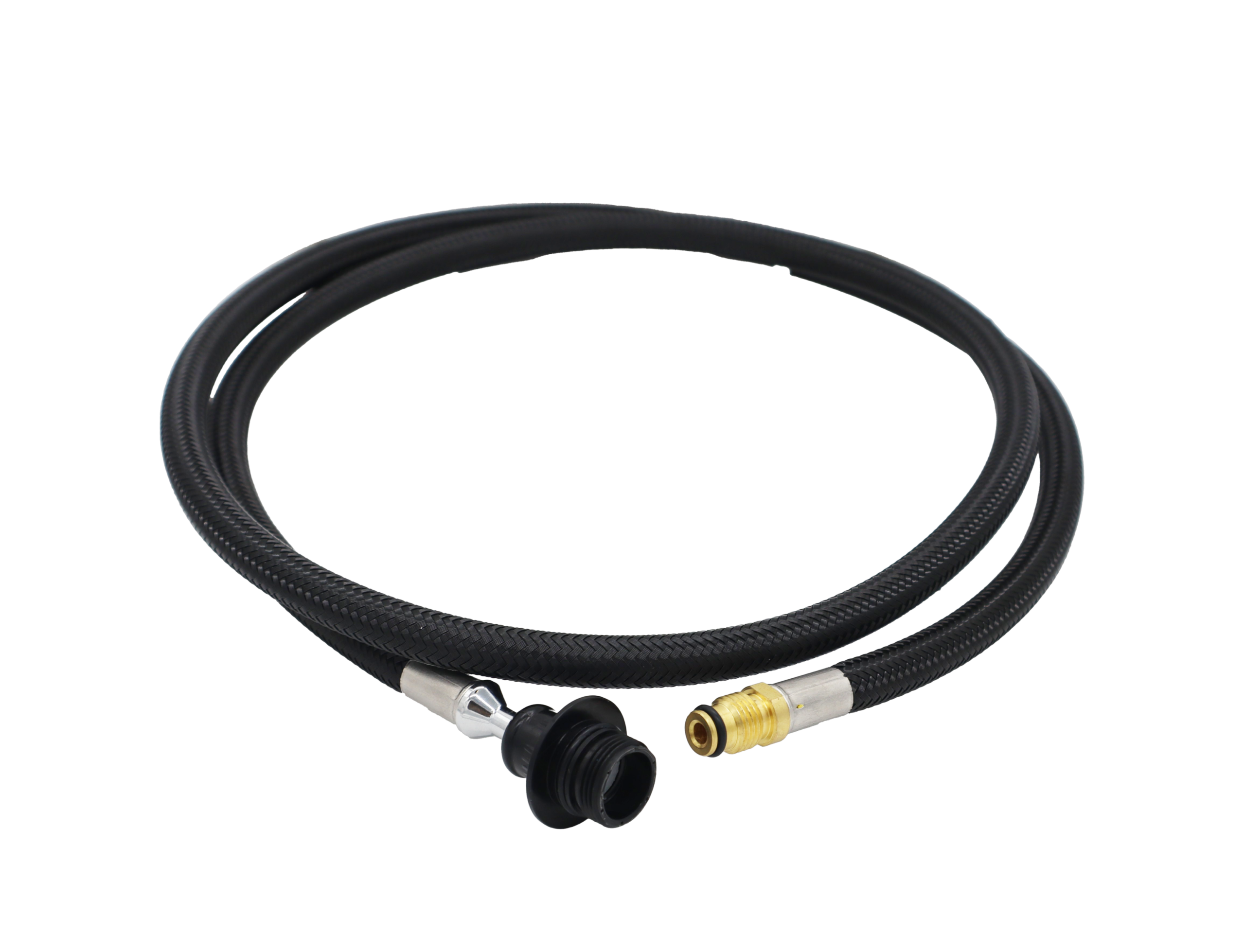 Black braided nylon hose with black plastic spray head connection with a brass threaded faucet connection.