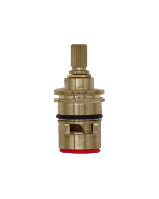 Bright brass cartridge with black o-ring white ceramic disce and red rubber seal.