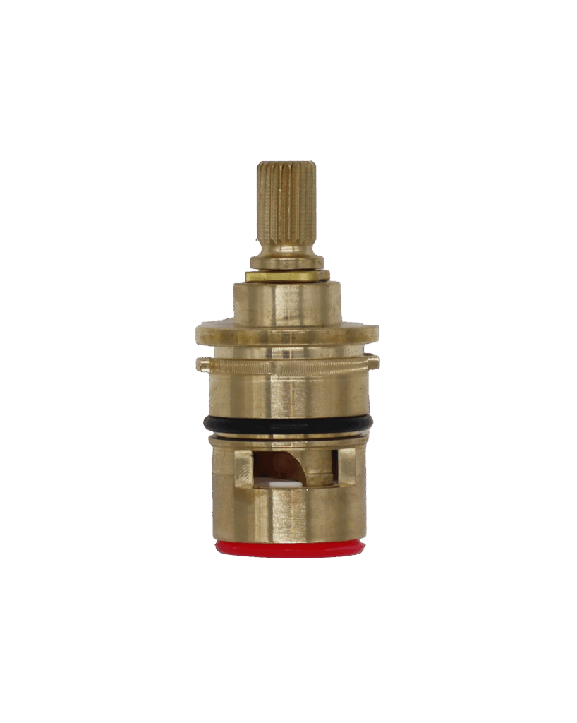 Bright brass cartridge with black o-ring white ceramic disce and red rubber seal.