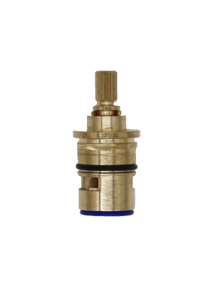 Bright brass cartridge with black o-ring white ceramic disce and blue rubber seal.