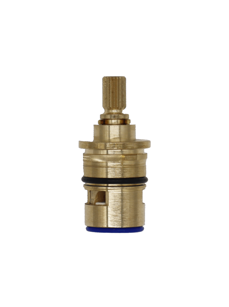 Bright brass cartridge with black o-ring white ceramic disce and blue rubber seal.