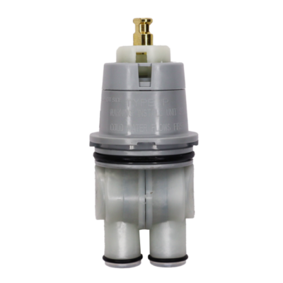 Grey and white plastic cartridge with brass stem and black rubber seals.