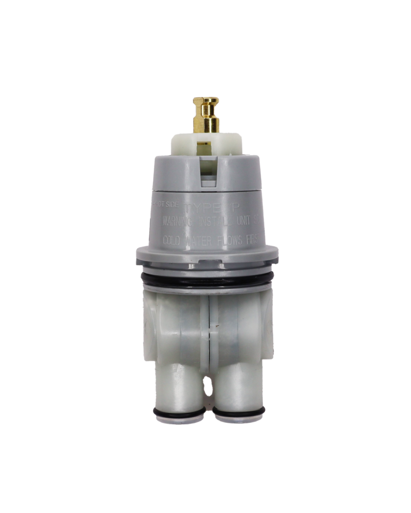 Grey and white plastic cartridge with brass handle connection with black rubber o-rings.