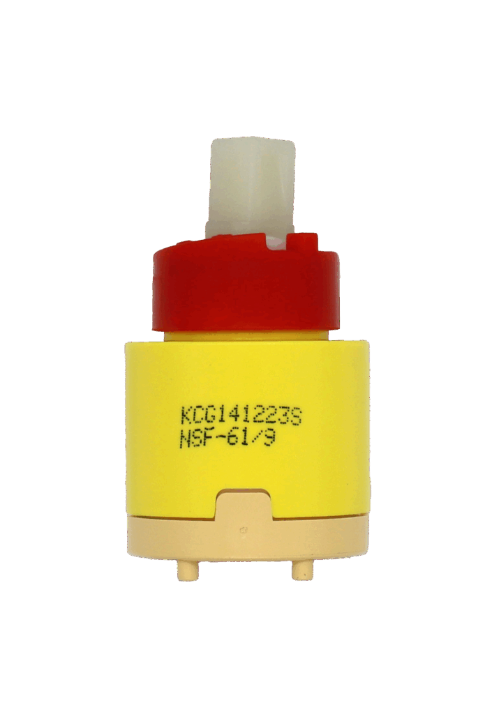 Bright yellow and tan cartridge with red limit stop white square handle connection and grey rubber seal.