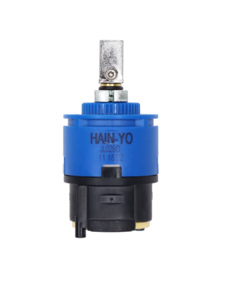 Blue and black plastic cartridge with metal handle connection and black rubber seal.