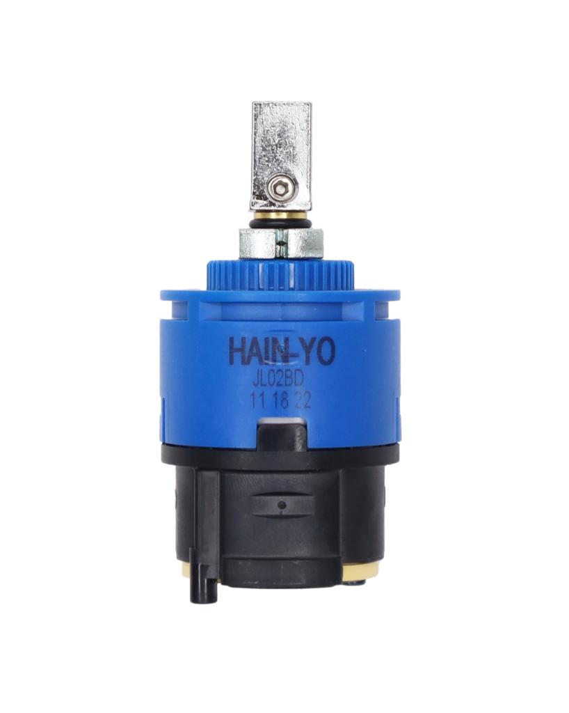 Blue and black plastic cartridge with metal handle connection and black rubber seal.
