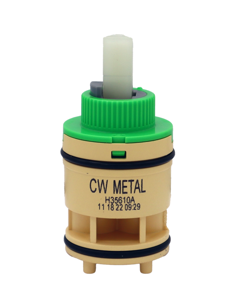 Tan plastic cartridge with green top grey limit stop white square plastic handle connection black rubber o-rings threaded bottom faucet connection.