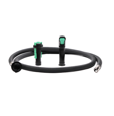 Black braided spray hose with chrome threaded connection with 2 green and black plastic quick connects.
