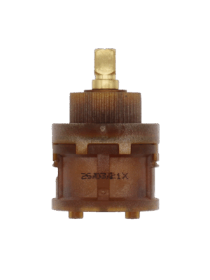 Brown plastic cartridge brass stem and blue rubber seal.