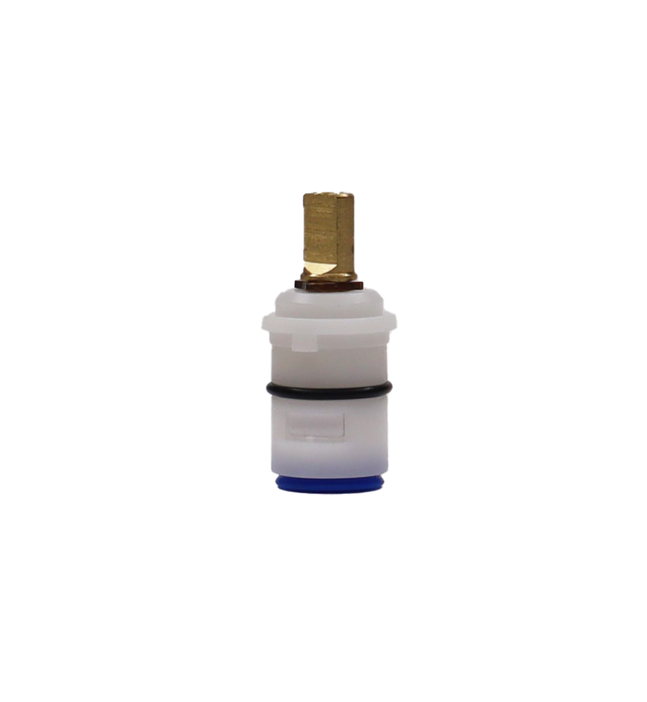 White plastic cartridge with black rubber o-ring and rubber seal.
