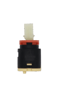 Brown plastic cartridge with red limit stop with white square handle connection with tan bottom blue seal.