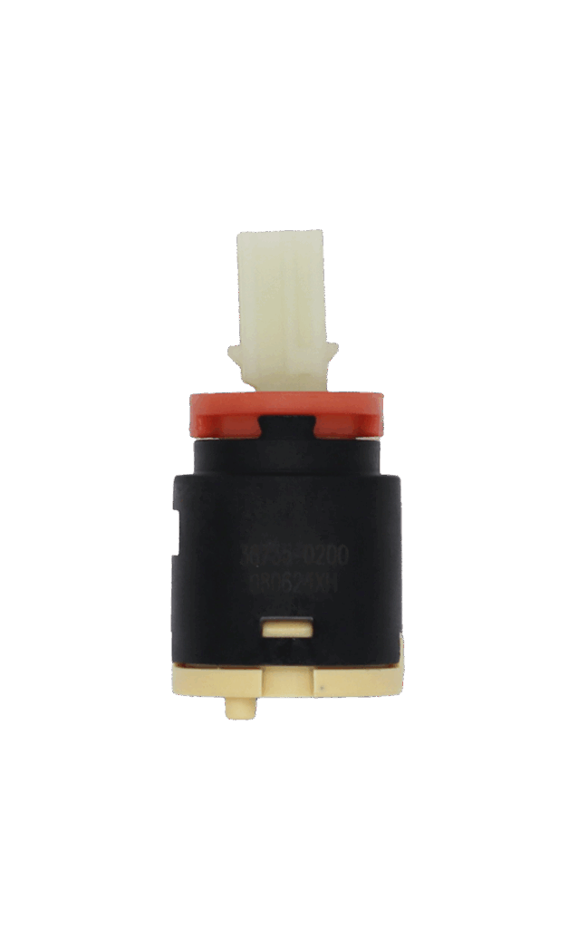 Brown plastic cartridge with red limit stop with white square handle connection with tan bottom blue seal.