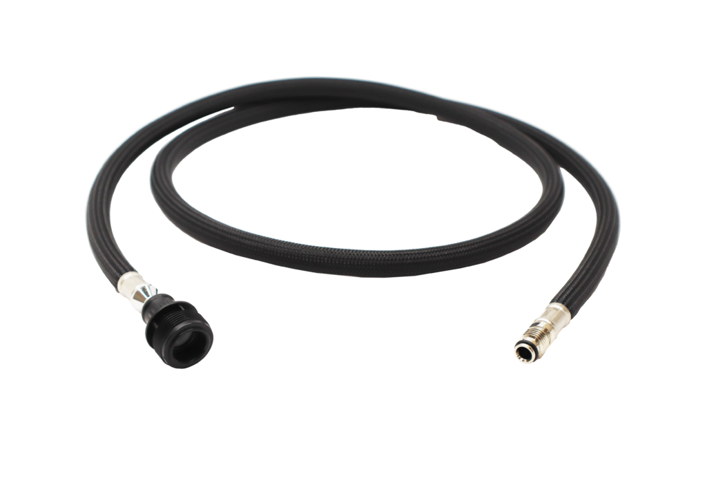 Black braided hose with plastic threaded end and polished chrome threaded faucet connection.