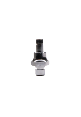 Bright polished chrome stem and bonnet nut with black rubber washer and brass screw.