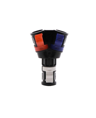 Black plastic quick connect with red blue and white clips.