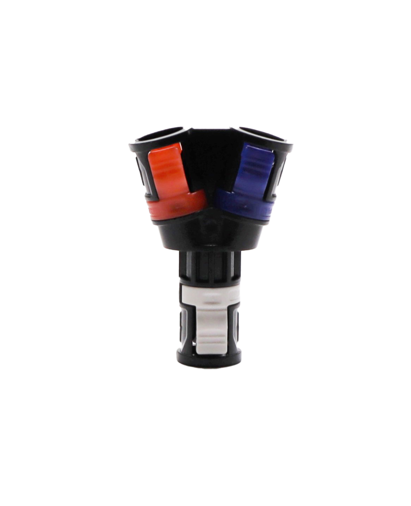 Black plastic quick connect with red blue and white clips.