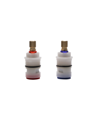 White plastic cartridges with brass stems and red and blue index and washers.