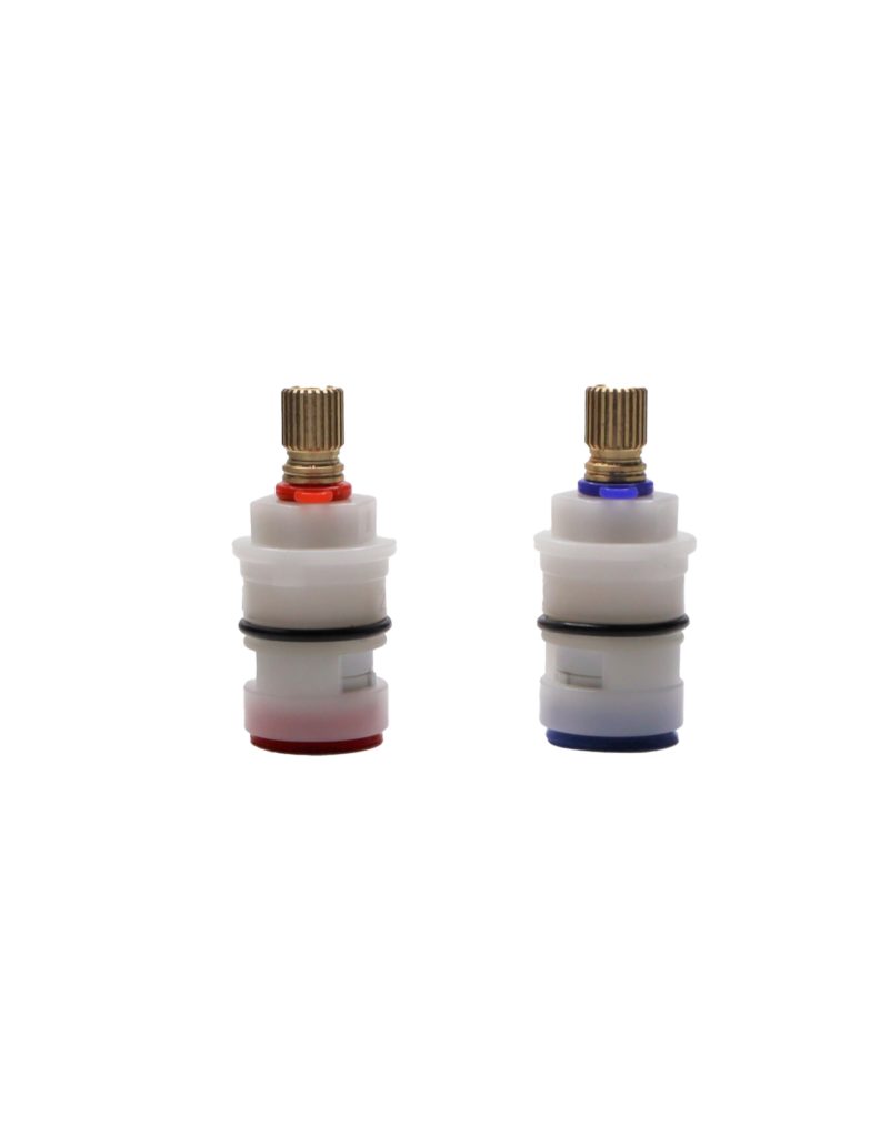 White plastic cartridges with brass stems and red and blue index and washers.